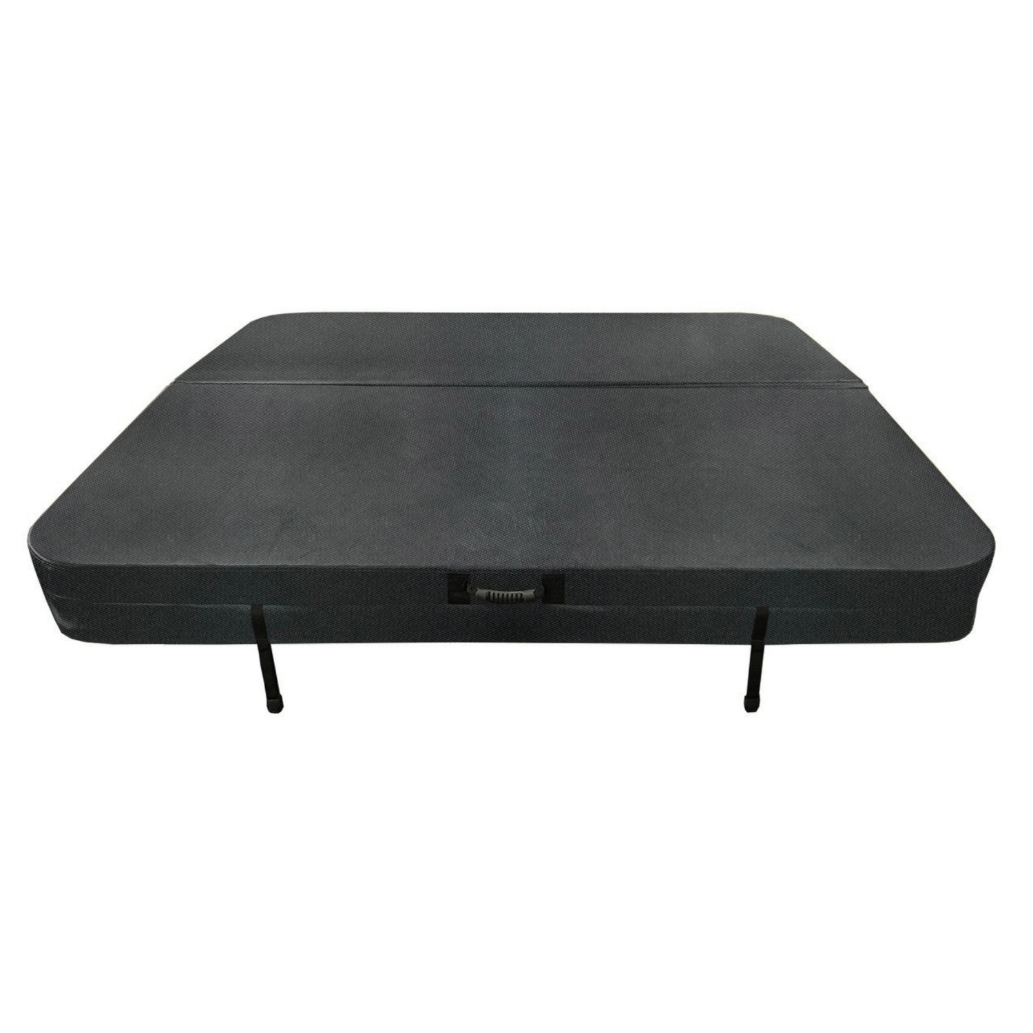 Black Polyshield hot tub cover with rubber handles and straps.