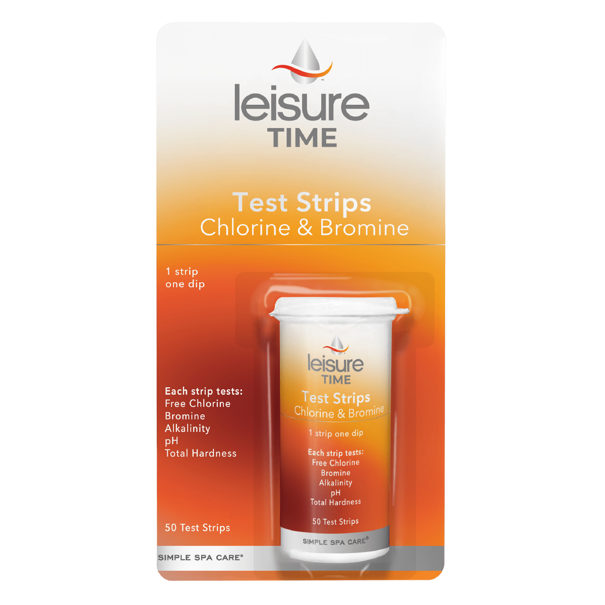 Leisure Time test strips packaging for chlorine and bromine on a white background