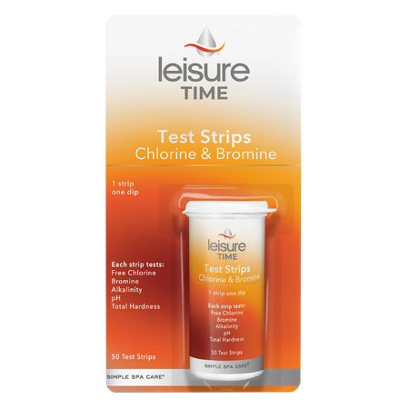 Leisure Time test strips packaging for chlorine and bromine on a white background
