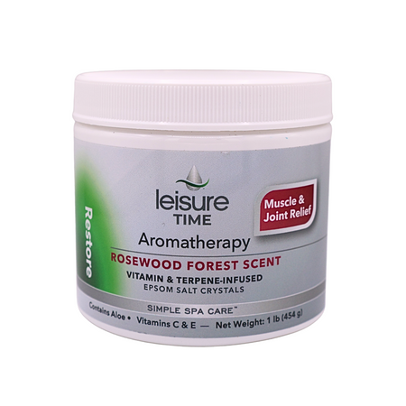 Jar of Leisure Time Aromatherapy product with rosewood forest scent on a white background