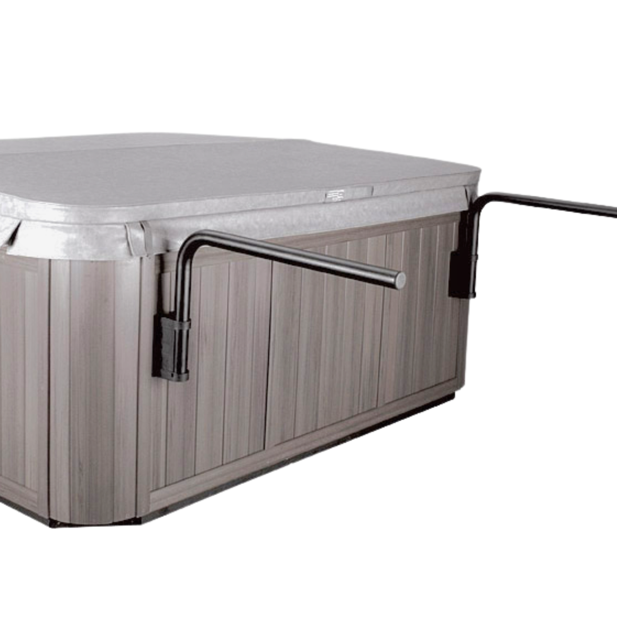 Hot tub with wooden exterior and a cover on a white background
