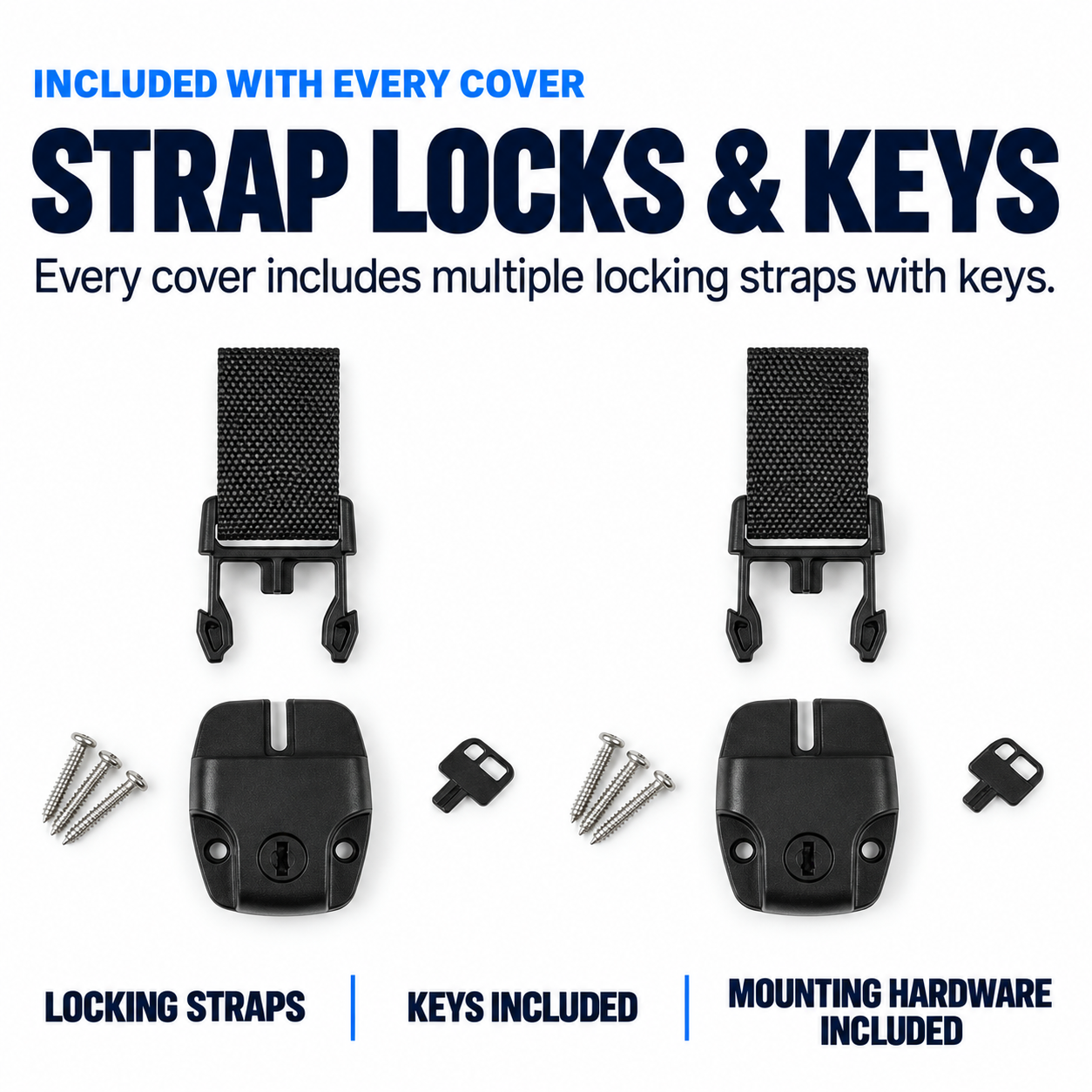 Two black strap lock components with keys and mounting hardware shown on a white background, with text stating 'INCLUDED WITH EVERY COVER STRAP LOCKS & KEYS' and 'LOCKING STRAPS | KEYS INCLUDED | MOUNTING HARDWARE INCLUDED'.