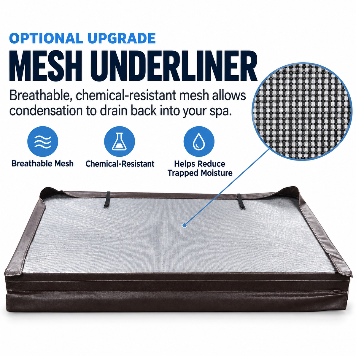 A dark brown heated spa pad with a silver mesh underliner, shown on a white background with marketing text and a circular inset detail of the mesh pattern.