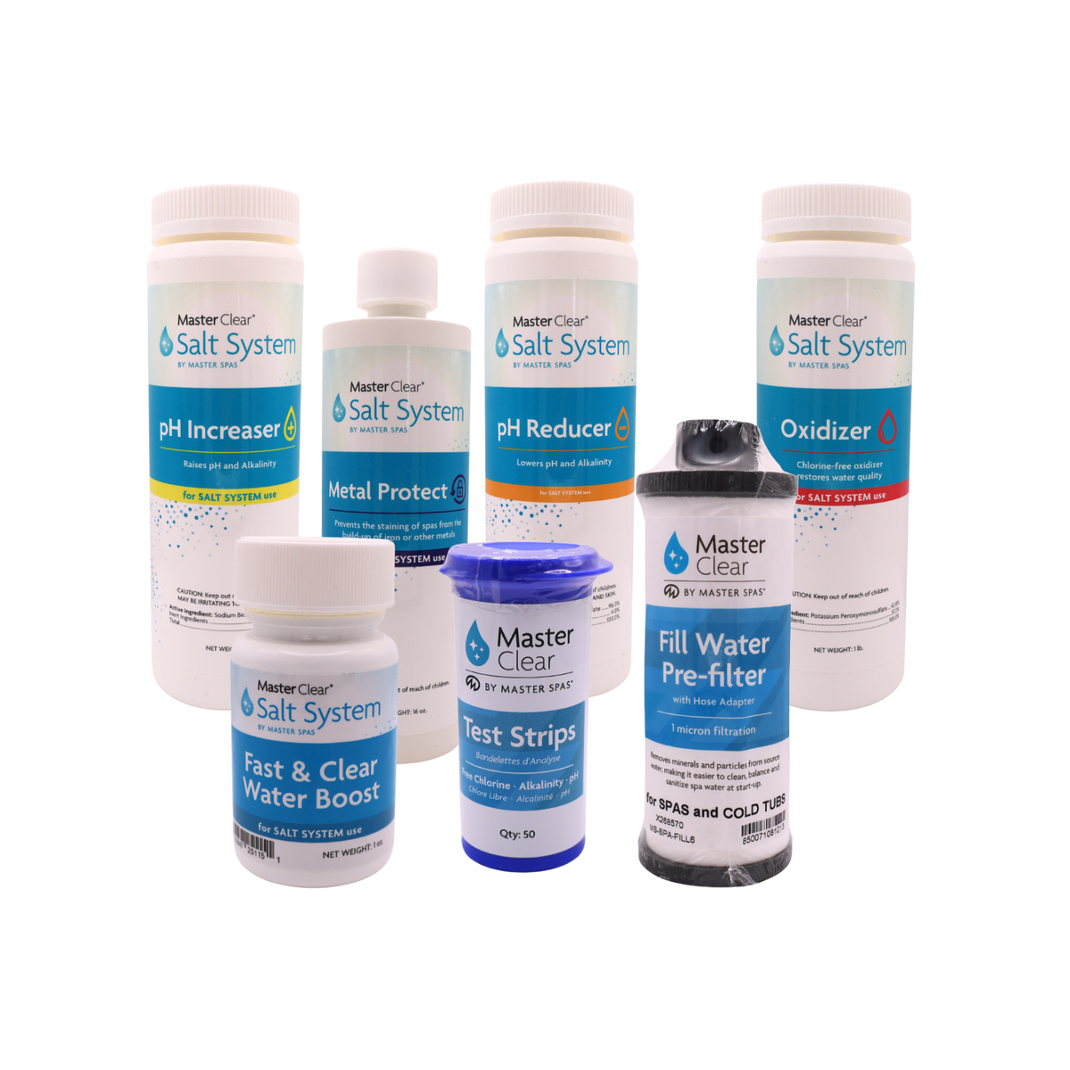 Masters Spa Shell Collection of Master Clear salt system products on a white background