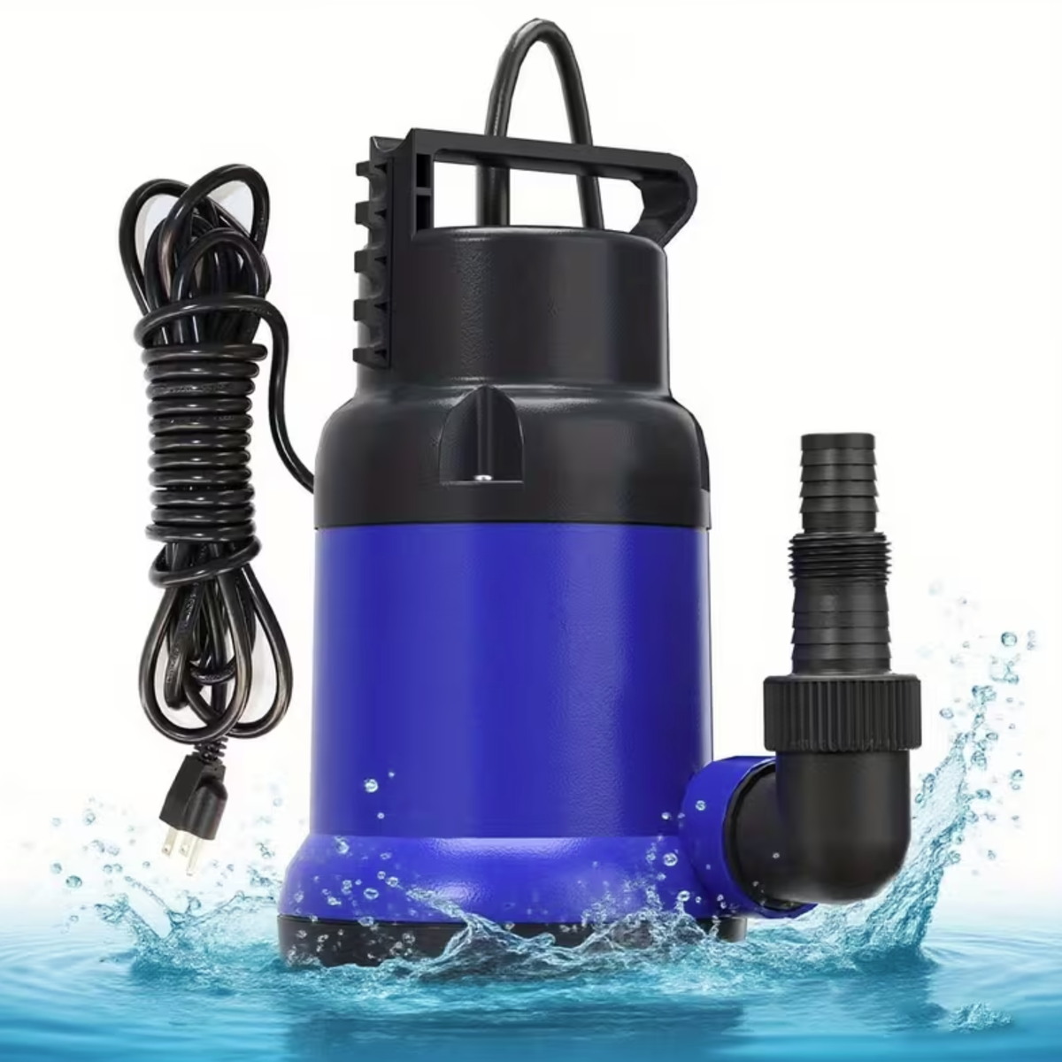 Blue and black submersible pump with water splashing around it on a white background