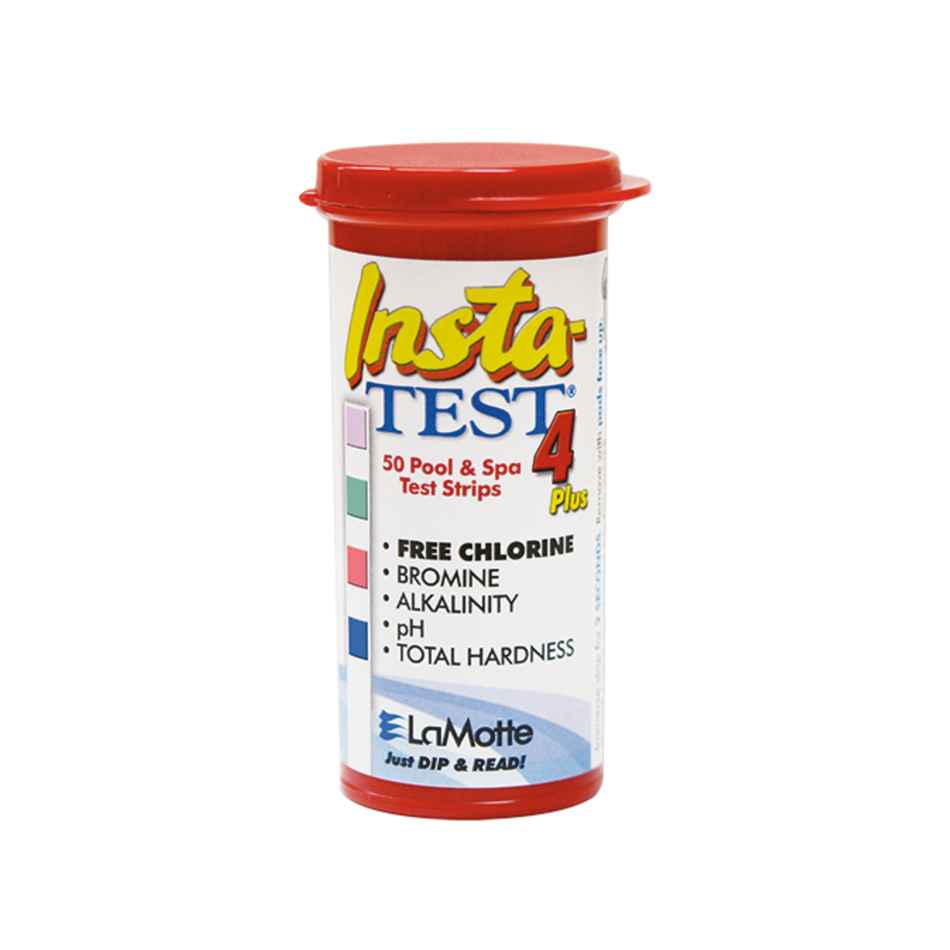 Insta-Test 4 Plus pool and spa test strips container on a white background