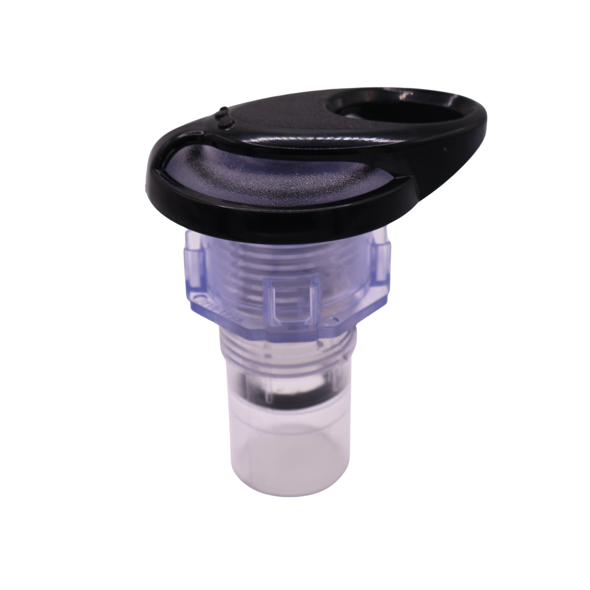 Clear plastic air control fitting with a black cap on a white background