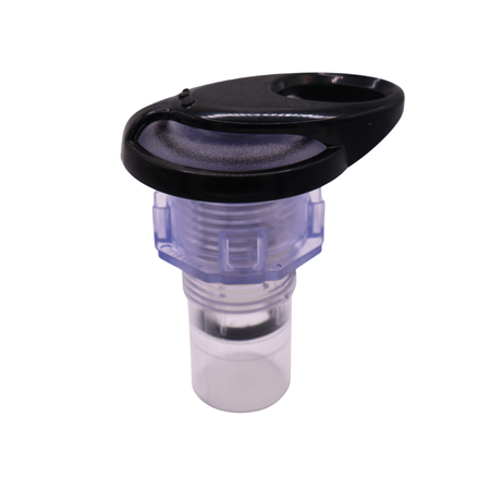 Clear plastic air control fitting with a black cap on a white background