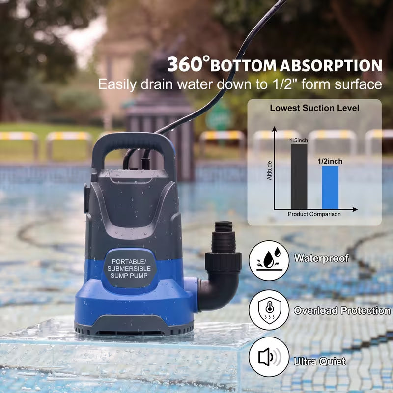 Submersible 1HP Sump Pump 3500GPH Portable Utility Pump